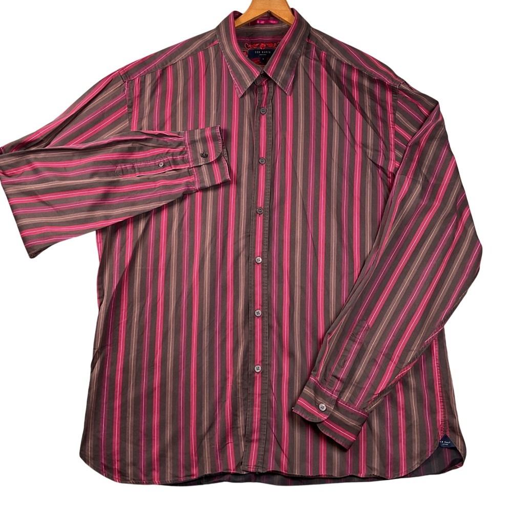 Ted Baker Button Down Shirt Mens 6 XL Brown Pink Striped Long Sleeve